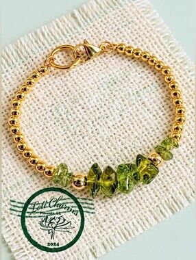Natural Bright Green Peridot Chips & Gold Ball Beads Bracelet